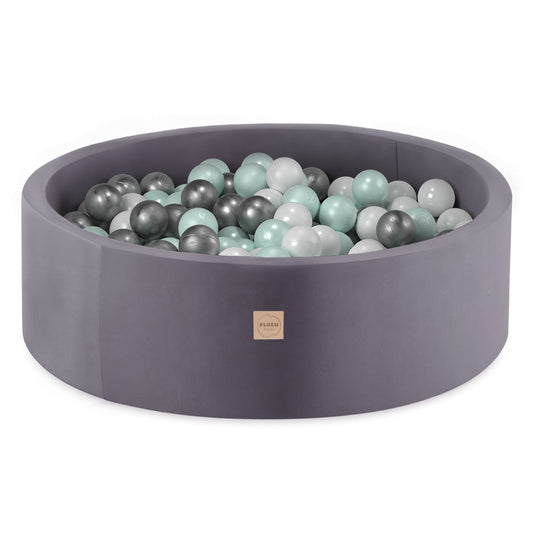 PLUSH NEST - Misioo - Piscine à balles, gris, ronde, velours, 90x30, 200 boules : menthe, argent, blanc