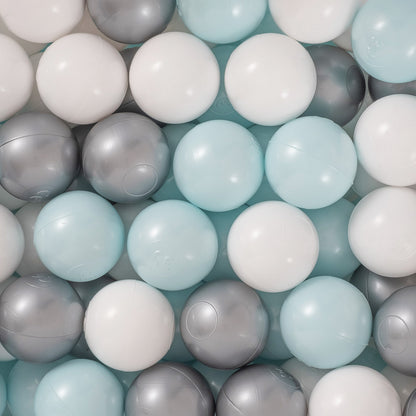 PLUSH NEST - Misioo - Piscine à balles, gris, ronde, velours, 90x30, 200 boules : menthe, argent, blanc