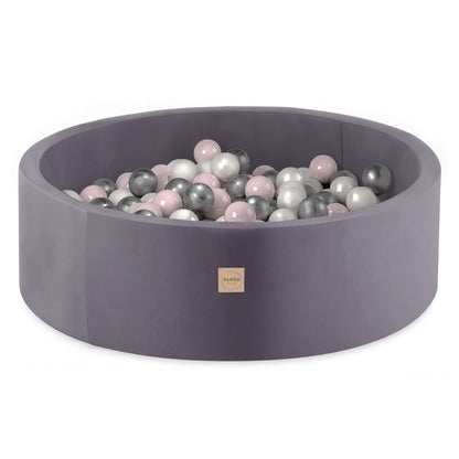 PLUSH NEST - Misioo - Piscine à balles, gris, ronde, velours, 90x30, 200 boules : rose, argent, perle