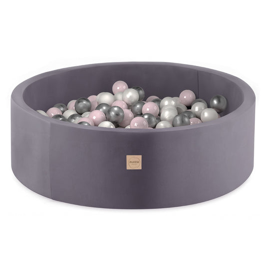 PLUSH NEST - Misioo - Piscine à balles, gris, ronde, velours, 90x30, 200 boules : rose, argent, perle