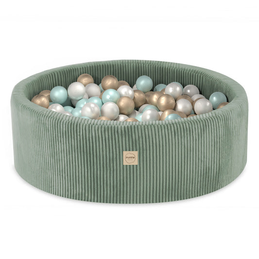 PLUSH NEST - Misioo - Piscine à balles, verte, ronde, velours côtelé, 90x30, 200 boules : perle, perle menthe, or