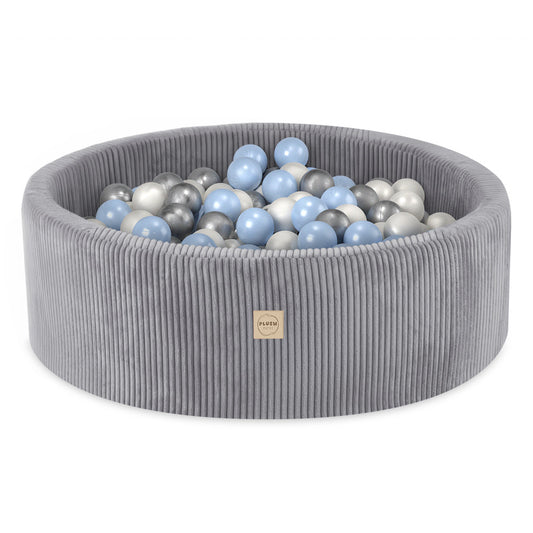 PLUSH NEST - Misioo - Piscine à balles, gris clair, ronde, velours côtelé, 90x30, 200 boules : perle, bleu clair, argent
