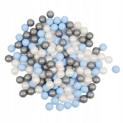PLUSH NEST - Misioo - Piscine à balles, gris clair, ronde, velours côtelé, 90x30, 200 boules : perle, bleu clair, argent