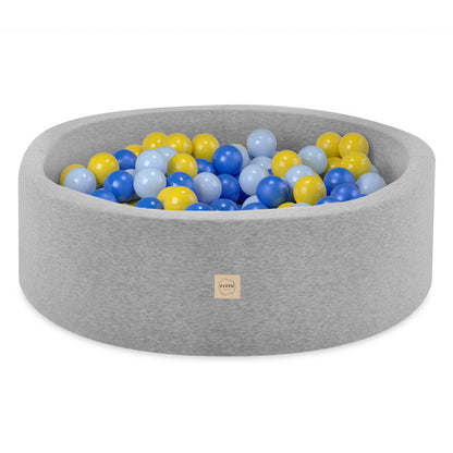 PLUSH NEST - Misioo - Piscine à balles, gris clair, ronde, coton, 90x30, 200 boules : bleu, jaune, bleu clair