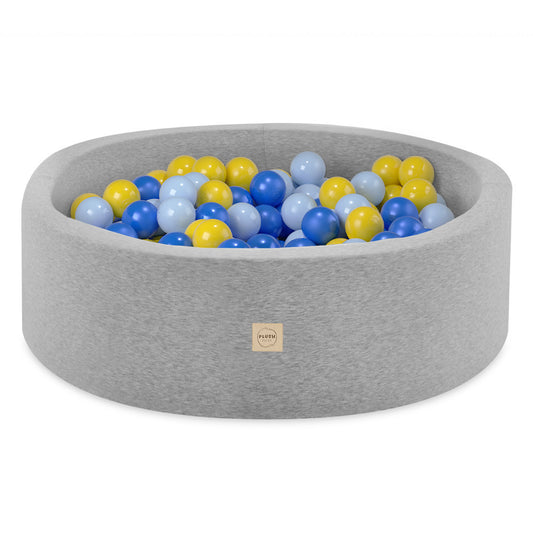 PLUSH NEST - Misioo - Piscine à balles, gris clair, ronde, coton, 90x30, 200 boules : bleu, jaune, bleu clair