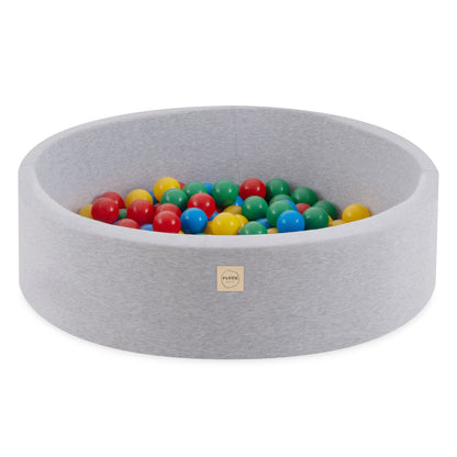 PLUSH NEST - Misioo - Piscine à balles, gris clair, ronde, coton, 90x30, 200 boules : bleu, jaune, rouge, vert