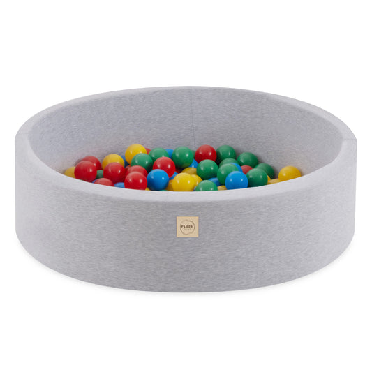 PLUSH NEST - Misioo - Piscine à balles, gris clair, ronde, coton, 90x30, 200 boules : bleu, jaune, rouge, vert