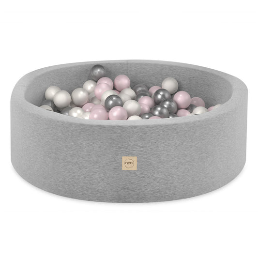 PLUSH NEST - Misioo - Piscine à balles, gris clair, ronde, coton, 90x30, 200 boules : perle rose clair, argent, perle