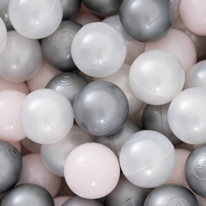 PLUSH NEST - Misioo - Piscine à balles, gris clair, ronde, coton, 90x30, 200 boules : perle rose clair, argent, perle