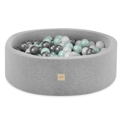 PLUSH NEST - Misioo - Piscine à balles, gris clair, ronde, coton, 90x30, 200 boules : menthe, argent, blanc