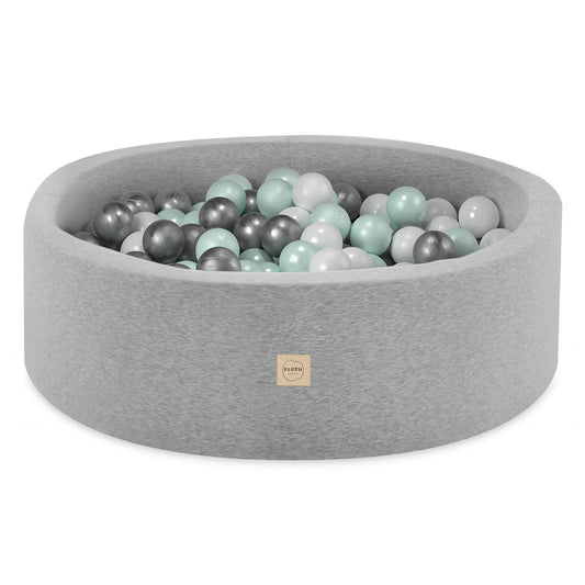 PLUSH NEST - Misioo - Piscine à balles, gris clair, ronde, coton, 90x30, 200 boules : menthe, argent, blanc
