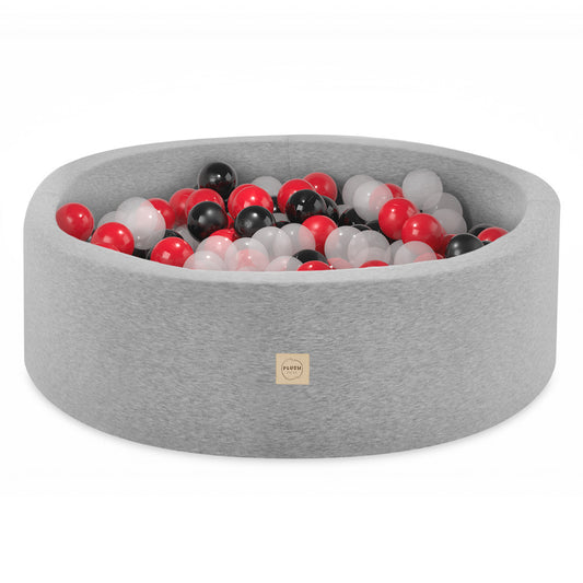 PLUSH NEST - Misioo - Piscine à balles, gris clair, ronde, coton, 90x30, 200 boules : rouge, noir, transparentes