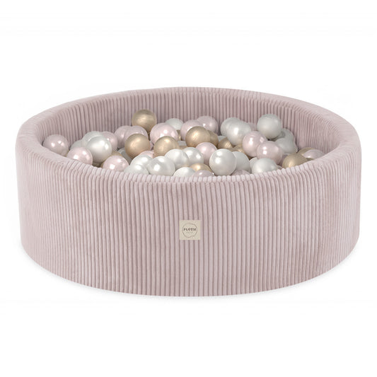 PLUSH NEST - Misioo - Piscine à balles, rose clair, ronde, velours côtelé, 90x30, 200 boules : perle, rose clair, or