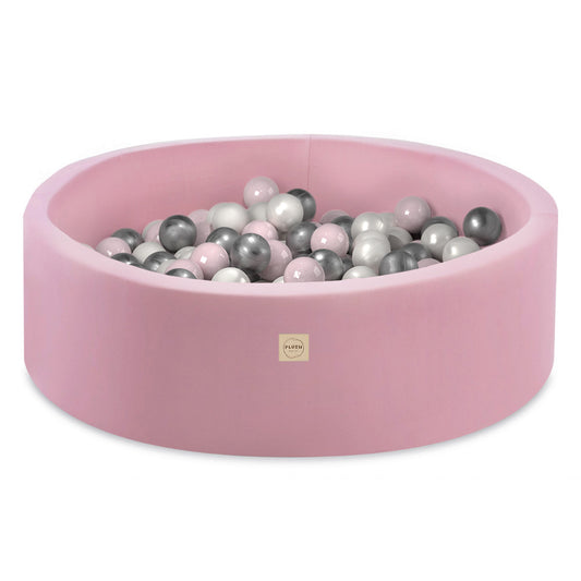 PLUSH NEST - Misioo - Piscine à balles, rose, ronde, coton, 90x30, 200 boules : rose clair, argent, perle