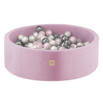 PLUSH NEST - Misioo - Piscine à balles, rose, ronde, velours, 90x30, 200 boules : rose, argent, perle