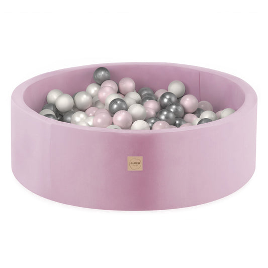 PLUSH NEST - Misioo - Piscine à balles, rose, ronde, velours, 90x30, 200 boules : rose, argent, perle
