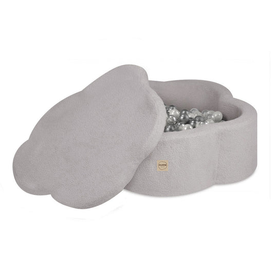 PLUSH NEST - Misioo - Piscine à balles avec tapis, 95x30 cm, agneau gris (+ 200 boules argent, perle, transparentes), Floral Fun Zone