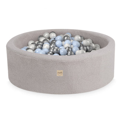 PLUSH NEST - Misioo - Piscine à balles, ronde, 90x30 cm, agneau gris (+ 200 boules argent, perle, bleu clair)