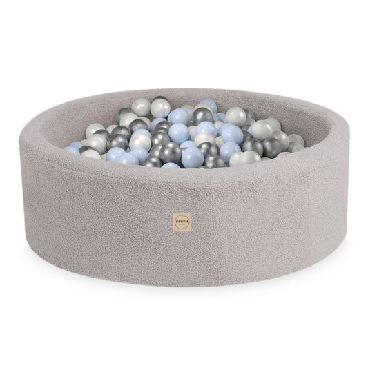 PLUSH NEST - Misioo - Piscine à balles, ronde, 90x30 cm, agneau gris (+ 200 boules argent, perle, bleu clair)