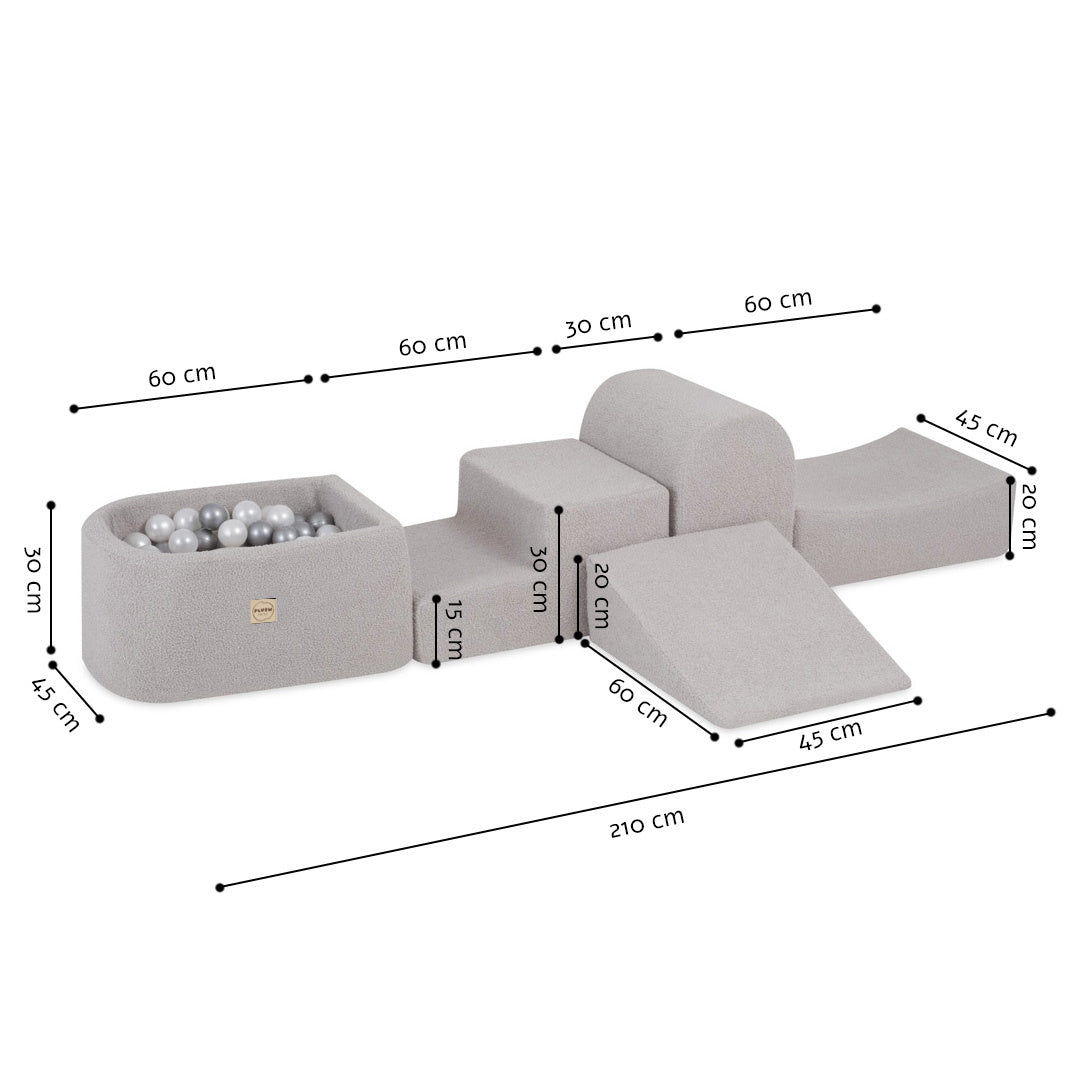 ire de jeux en tissu agneau gris, un kit complet DIY comprenant cinq éléments ludiques et 100 balles douces, conçu pour off
