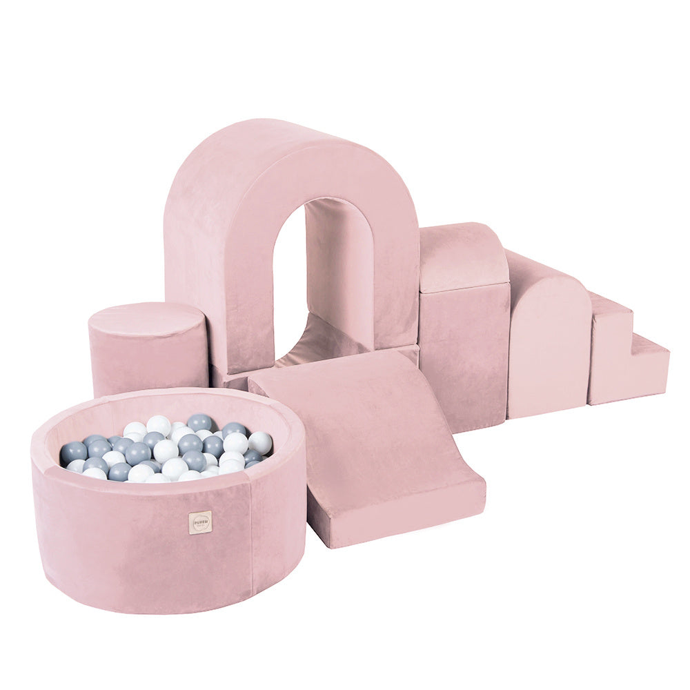 Château de terrain de jeu avec piscine + 150 balles - Velours rose - PLUSH NEST  Misioo Château de terrain de jeu avec piscine + 150 balles - Velours rose - PLUSH NEST myplayground