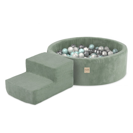 PLUSH NEST - Misioo - Piscine à balles + marche, 90x30, vert, velours côtelé premium (+ 200 boules perle, perle menthe, argent)