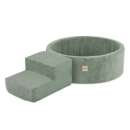 PLUSH NEST - Misioo - Piscine à balles + marche, 90x30, vert, velours côtelé premium (+ 200 boules perle, perle menthe, argent)