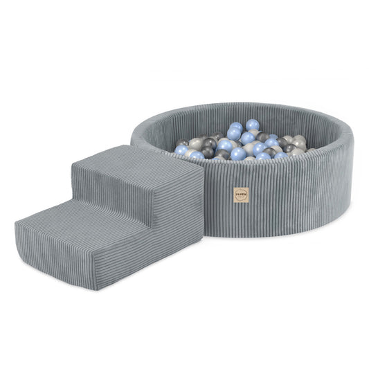 PLUSH NEST - Misioo - Piscine à balles + marche, 90x30, gris, velours côtelé premium (+ 200 boules perle, argent, bleu clair)