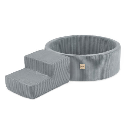 PLUSH NEST - Misioo - Piscine à balles + marche, 90x30, gris, velours côtelé premium (+ 200 boules perle, argent, bleu clair)