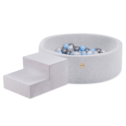 PLUSH NEST - Misioo - Piscine à balles + marche, 90x30, gris clair, Smart (+ 200 boules perle, argent, bleu clair)