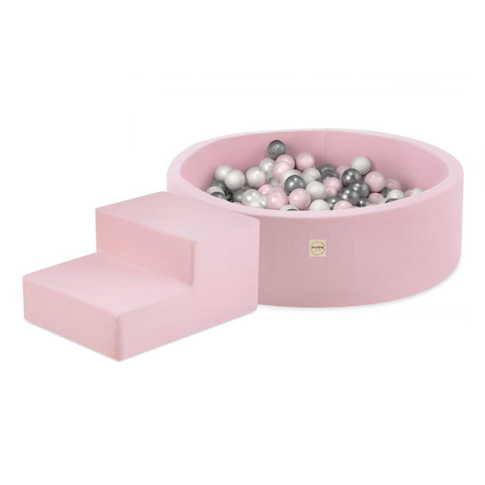 PLUSH NEST - Misioo - Piscine à balles + marche, 90x30, rose, Smart (+ 200 boules perle, argent, perle rose clair)