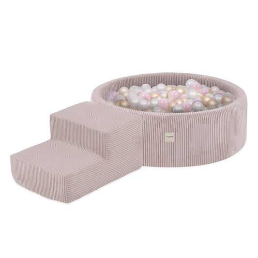 PLUSH NEST - Misioo - Piscine à balles + Marche (+200 boules perle, or, perle rose clair), rose clair, velours côtelé premium