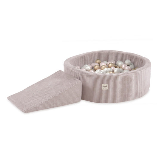 PLUSH NEST - Misioo - Piscine à balles + Triangle (+200 boules perle, or, perle rose clair), rose clair, velours côtelé premium