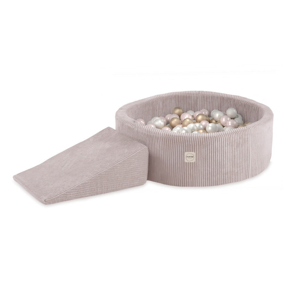 Terrain de jeu Dry pool + triangle (+200 balles : perle, or, perle rose clair) - Velours côtelé rose clair premium - PLUSH NEST  Misioo Terrain de jeu Dry pool + triangle (+200 balles : perle, or, perle rose clair) - Velours côtelé rose clair premium - PLUSH NEST myplayground