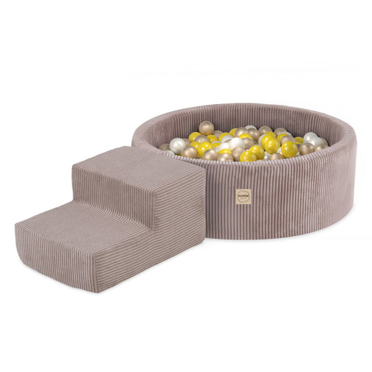 PLUSH NEST - Misioo - Piscine à balles + marche, 90x30, beige, velours côtelé premium (+ 200 boules perle, or, jaune)