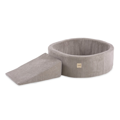 PLUSH NEST - Misioo - Piscine à balles + triangle, 90x30, beige, velours côtelé premium (+ 200 boules perle, or, jaune)
