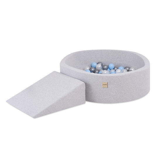 PLUSH NEST - Misioo - Piscine à balles + triangle, 90x30, gris clair, Smart (+ 200 boules perle, argent, bleu clair)