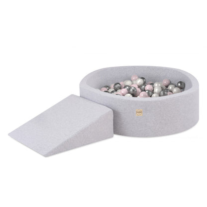 PLUSH NEST - Misioo - Piscine à balles + triangle, 90x30, gris clair, Smart (+ 200 boules perle, argent, rose clair)