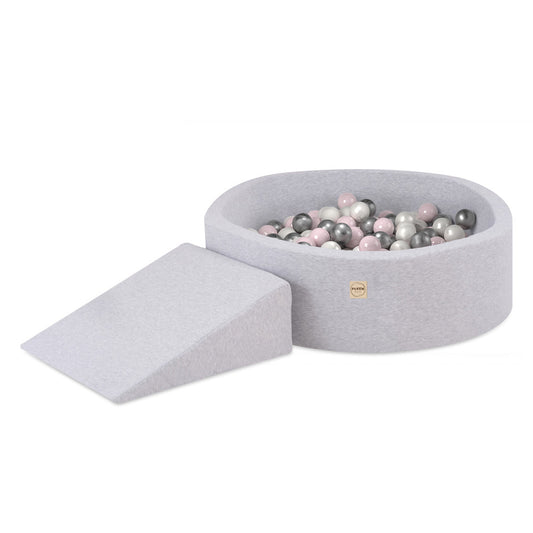 PLUSH NEST - Misioo - Piscine à balles + triangle, 90x30, gris clair, Smart (+ 200 boules perle, argent, rose clair)