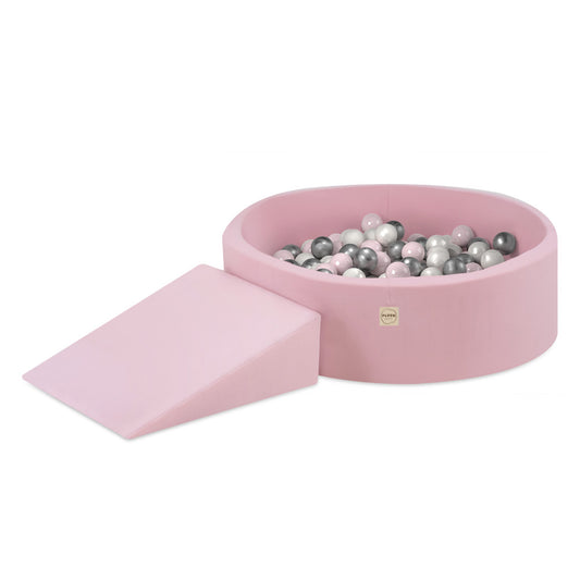 PLUSH NEST - Misioo - Piscine à balles + triangle, 90x30, rose, Smart (+ 200 boules perle, argent, rose clair)
