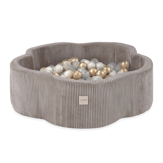 PLUSH NEST - Misioo - Piscine à balles, 95x30, beige, velours côtelé premium, Floral Fun Zone (+ 200 boules perle, or, transparentes)