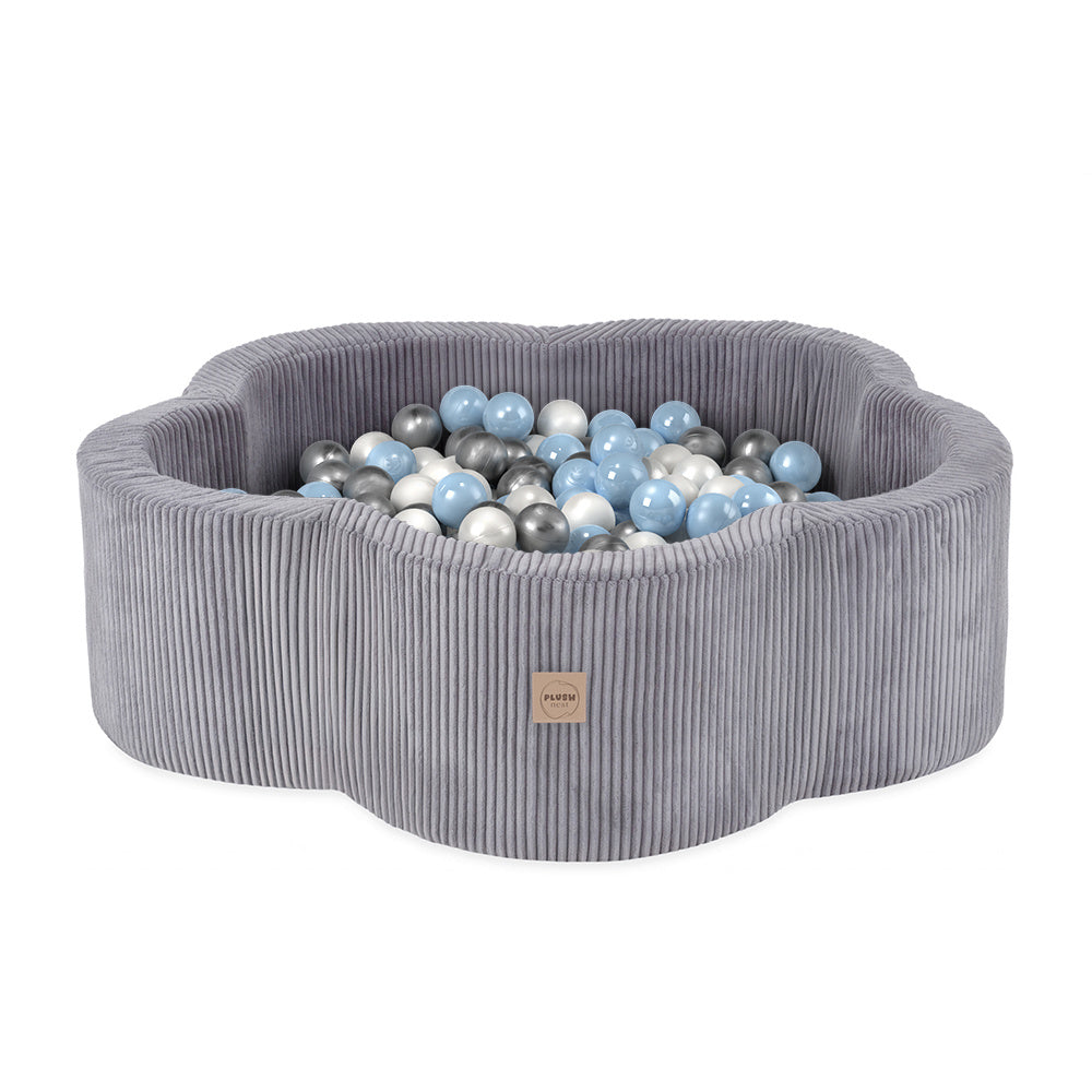 Piscine à balles - 95x30, gris, velours côtelé premium, Floral Fun Zone (+ 200 boules perle, argent, bleu clair) - Plush nest - Misioo  Misioo  myplayground