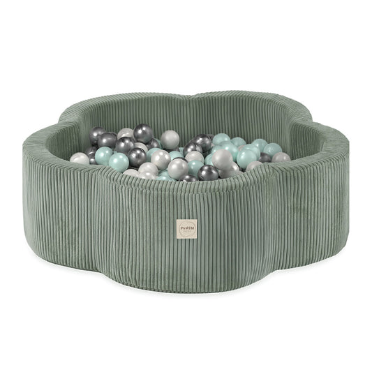 PLUSH NEST - Misioo - Piscine à balles, 95x30, vert, velours côtelé premium, Floral Fun Zone (+ 200 boules perle, perle menthe, argent)