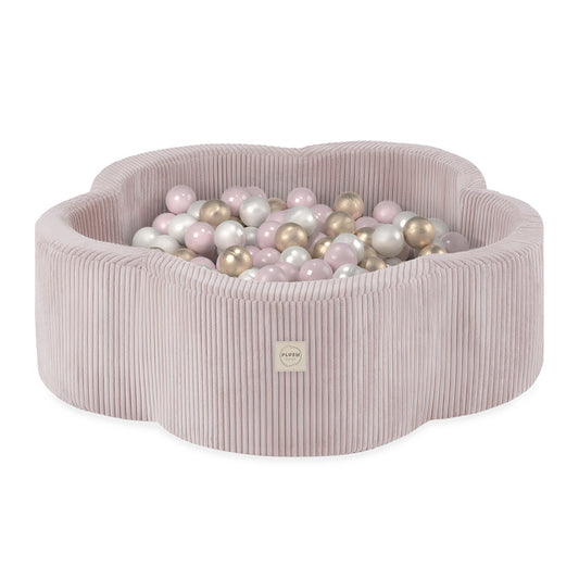 PLUSH NEST - Misioo - Piscine à balles, 95x30, rose clair, velours côtelé premium, Floral Fun Zone (+ 200 boules perle, perle rose clair, or)