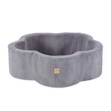 Piscine bébé sans balles Floral Fun Zone, design élégant en tissu gris velours côtelé, parfaite pour la motricité fine.