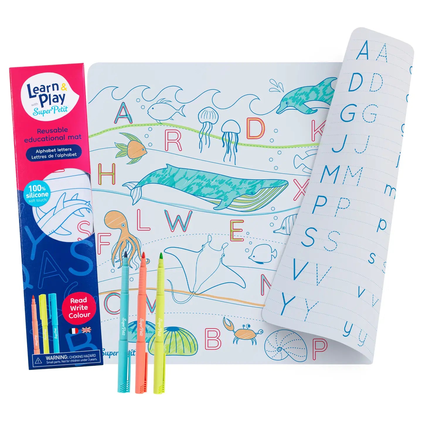 Set en silicone pédagogique ABC OCEAN 3 feutres inclus - SuperPetit jeux éducatifs SuperPetit Set en silicone pédagogique ABC OCEAN 3 feutres inclus - SuperPetit myplayground