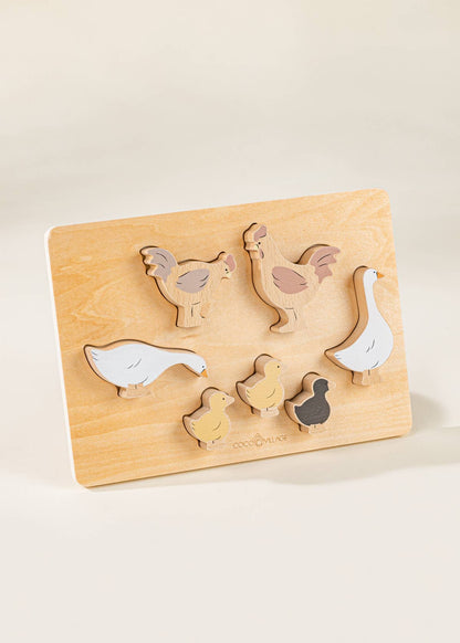Ensemble de 6 animaux de basse-cour sur une assiette en bois
