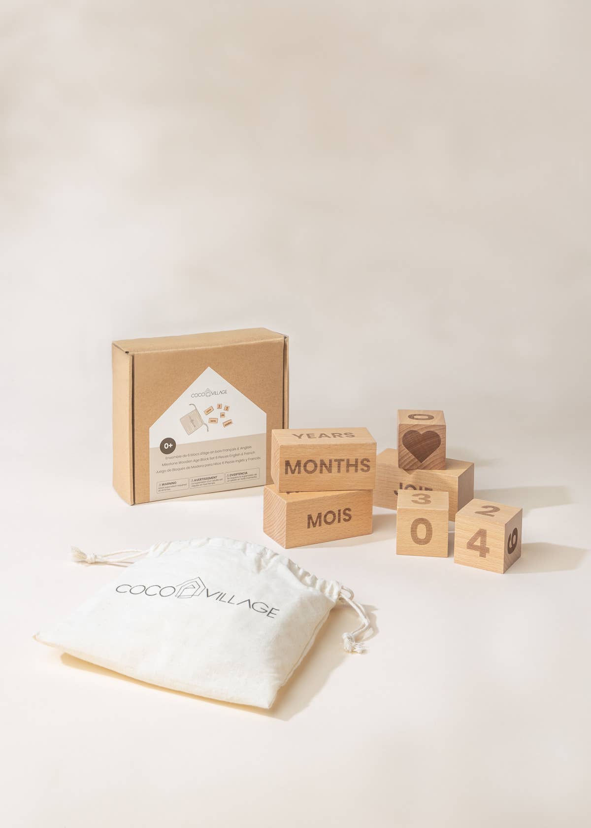 Ensemble de 6 blocs d'âge en bois Milestone - ANGLAIS & FRANÇAIS  Coco Village Ensemble de 6 blocs d'âge en bois Milestone - ANGLAIS & FRANÇAIS myplayground