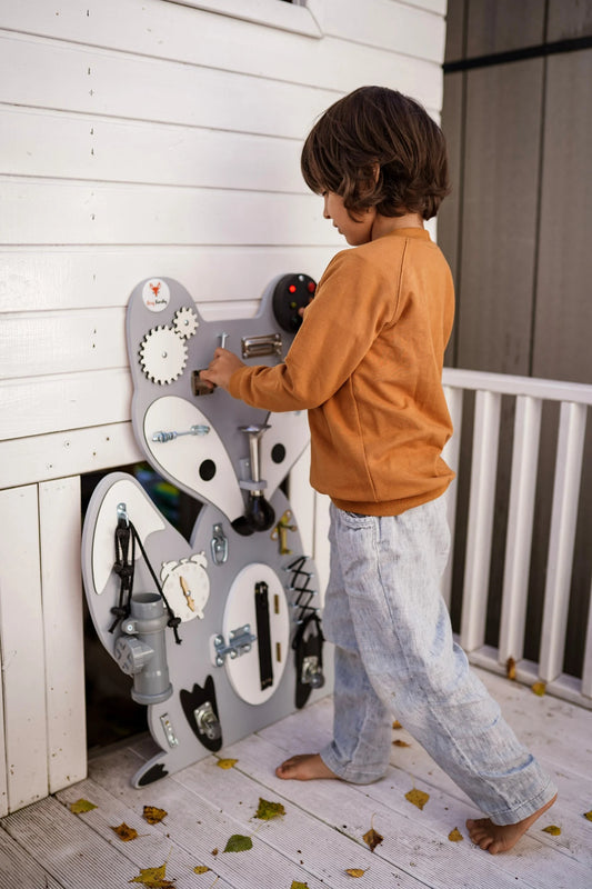 Fox Leo Gray Busy Board - Planche sensorielle - Jeu de motricite fine pour enfant ( 3 ans et + )