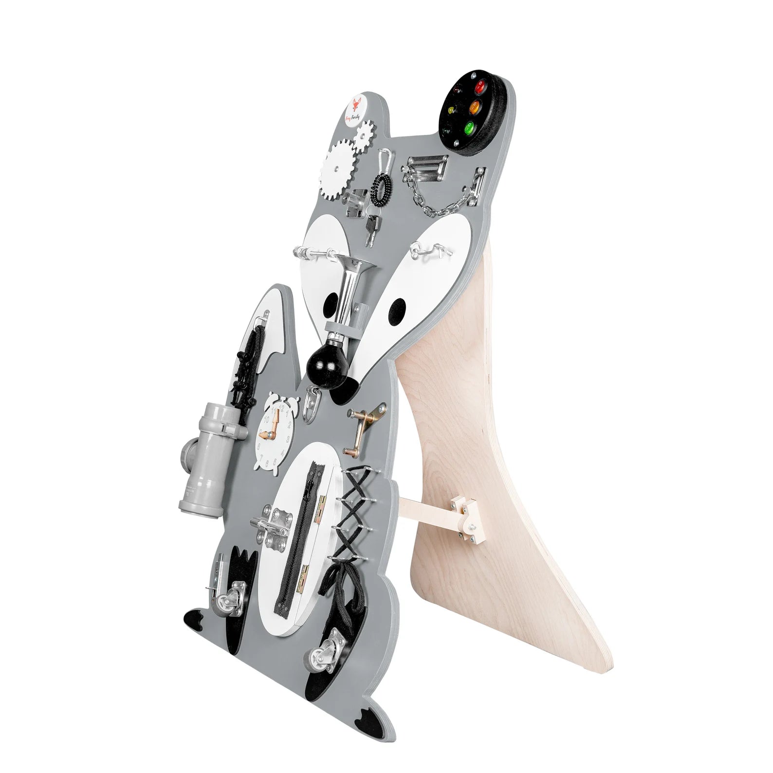 Fox Leo Gray Busy Board - Planche sensorielle - Jeu de motricite fine pour enfant ( 3 ans et + )  FoxyFamily Fox Leo Gray Busy Board - Planche sensorielle - Jeu de motricite fine pour enfant ( 3 ans et + ) myplayground